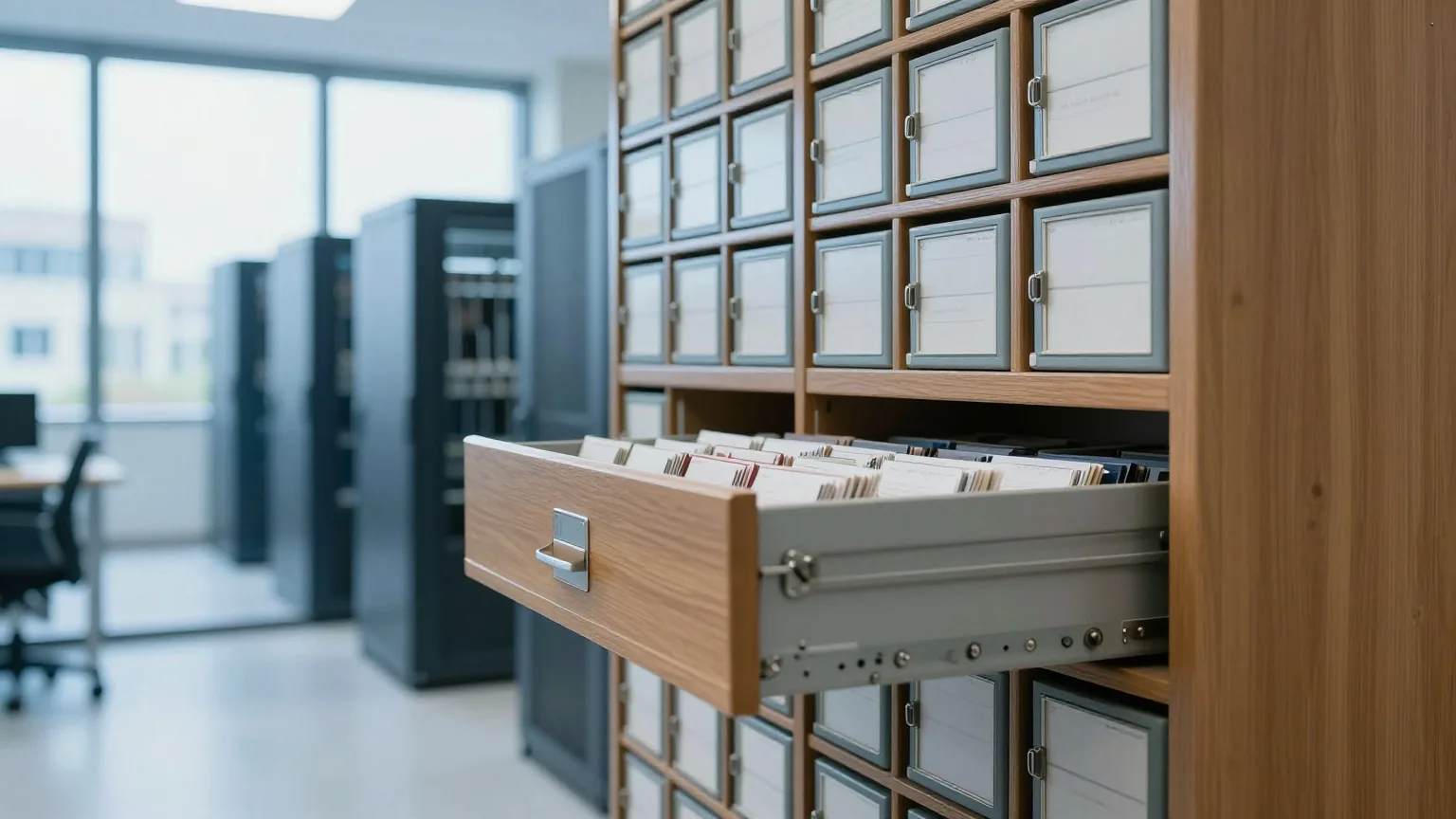 Alter Karteischrank aus Holz in einer Bibliothek mit einer herausgezogenen Schublade voller Karteikarten