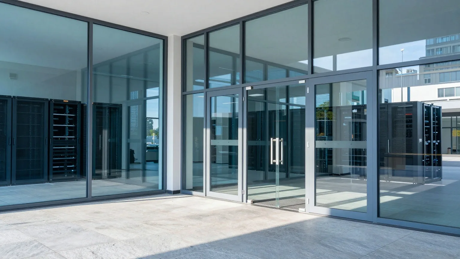 Eine große Eingangshalle eines Bürogebäudes mit mehreren Glastüren zu verschiedenen Gebäudeteilen im Morgenlicht