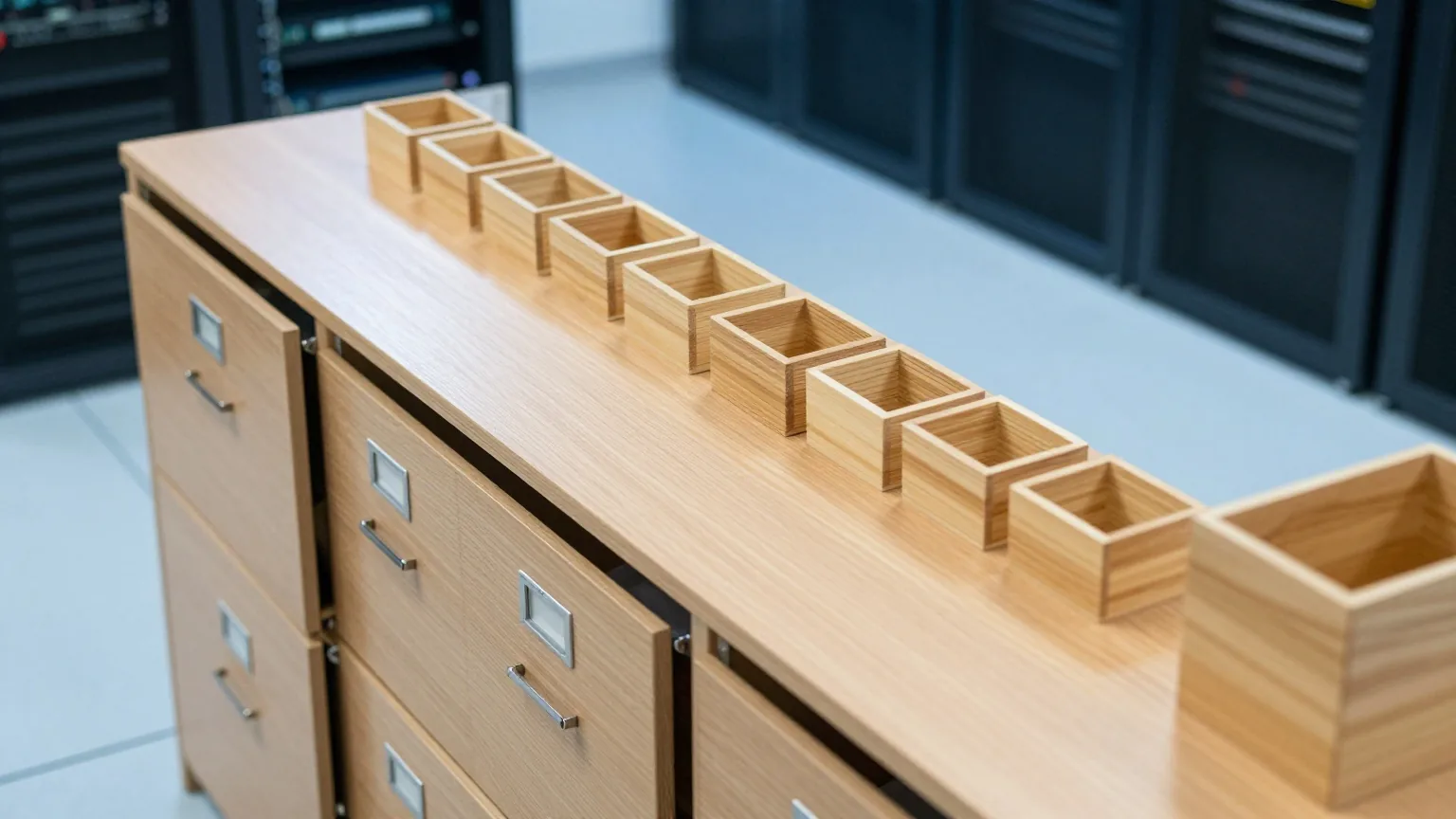 Großer Holzaktenschrank mit offenen Schubladen neben mehreren einzelnen kleinen Holzkisten auf einem Schreibtisch
