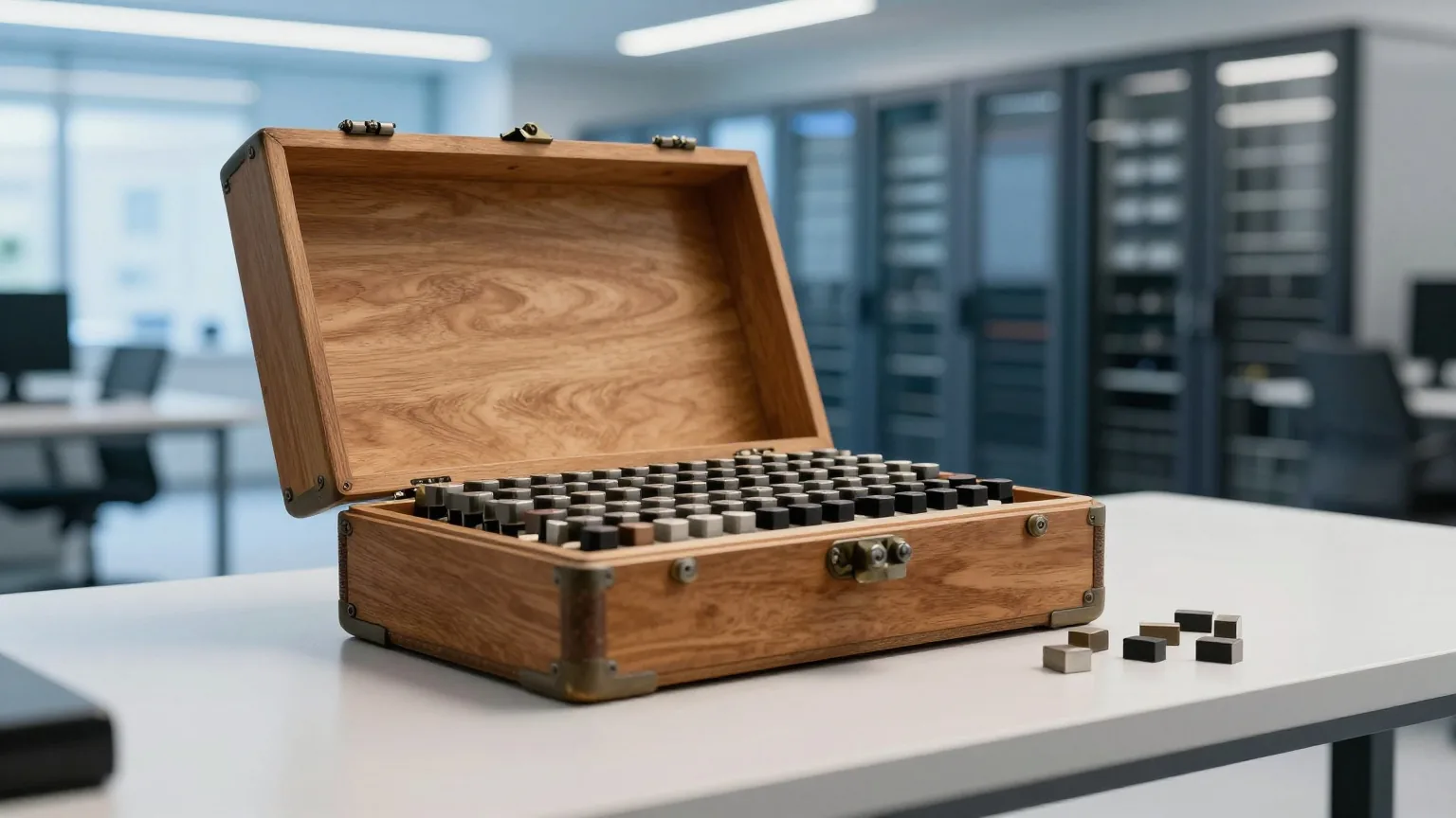 Alter Setzkasten aus Holz mit verstreuten kleinen Metalllettern auf einer Werkbank im warmen Licht