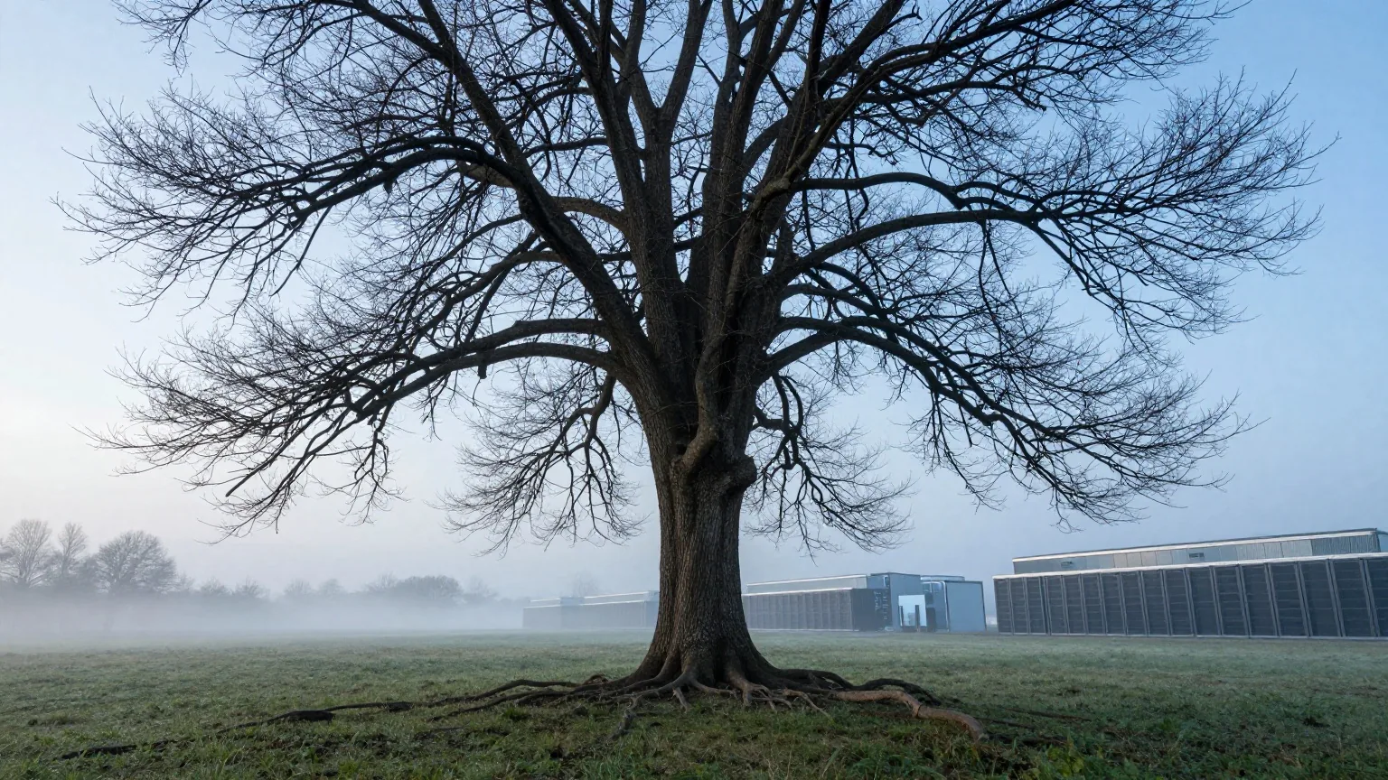 Großer alter Baum mit weit verzweigten Ästen und Wurzeln auf einer nebligen Wiese im Morgenlicht