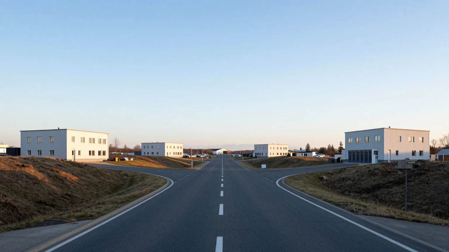 Hauptstraße, die sich in mehrere kleinere Wege zu einzelnen Gebäuden verzweigt, von einem Hügel aus gesehen