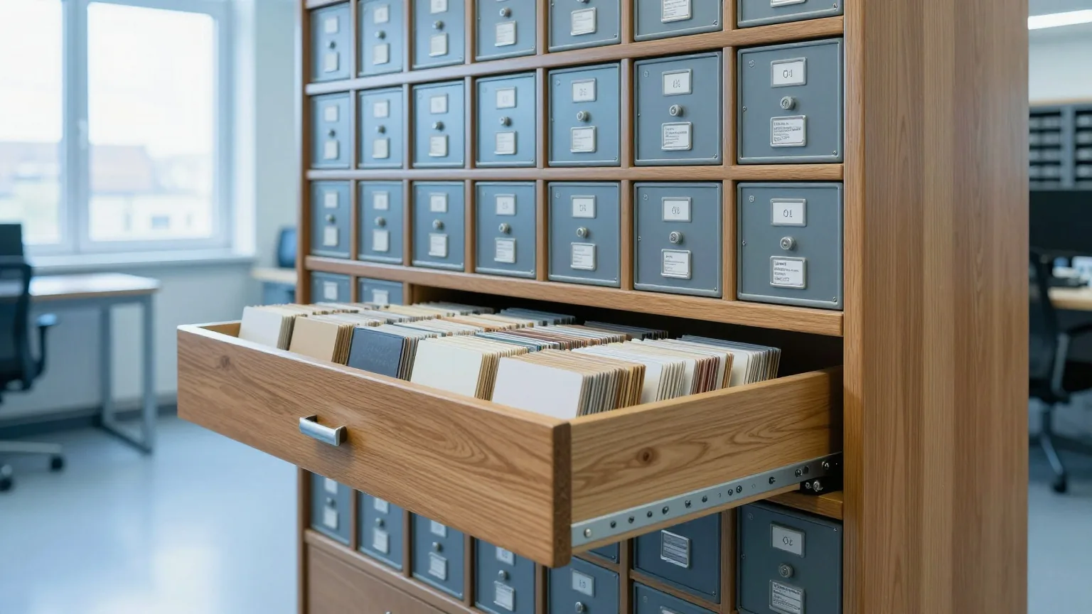 Alter Karteischrank aus Holz mit einer herausgezogenen Schublade in einem ruhigen Archivraum