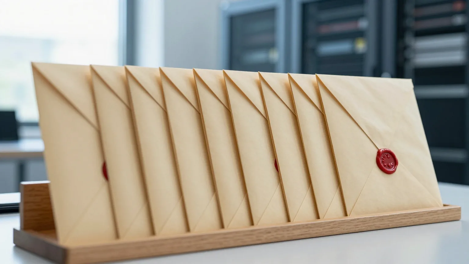 Unbeschriftete Umschläge mit kleinen roten Wachssiegeln stehen in einem hölzernen Briefständer auf einem Schreibtisch