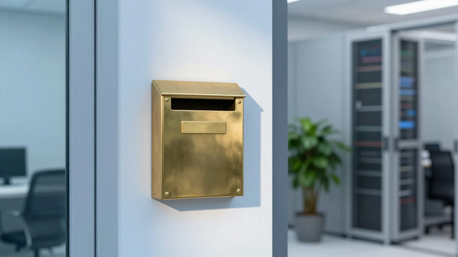 Ein Briefkasten aus Messing mit leerem Namensschild neben einer modernen Haustür im Morgenlicht