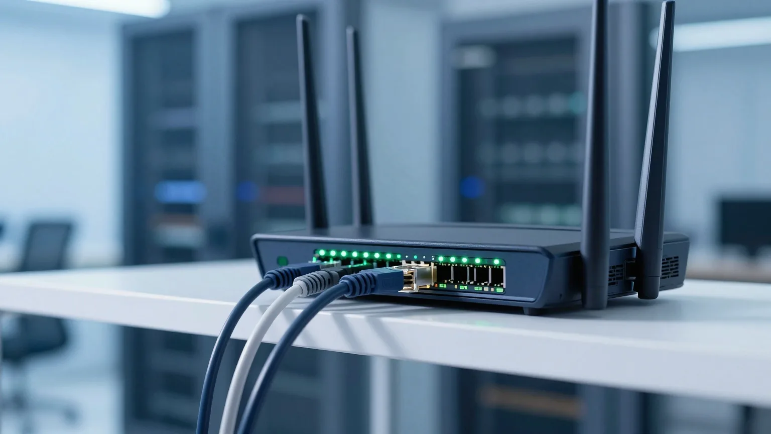 Rückseite eines Routers auf einem Regal mit mehreren eingesteckten Netzwerkkabeln und leuchtenden grünen Lämpchen