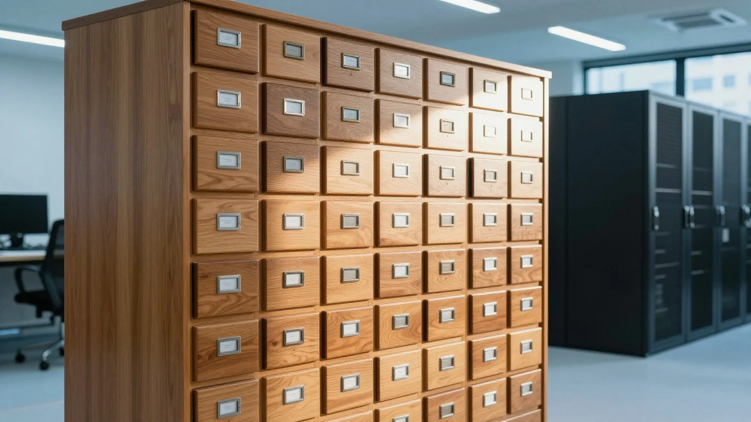 Hoher Archivschrank aus Holz mit vielen kleinen geschlossenen Schubladen in einem ruhigen Büro bei Nachmittagslicht