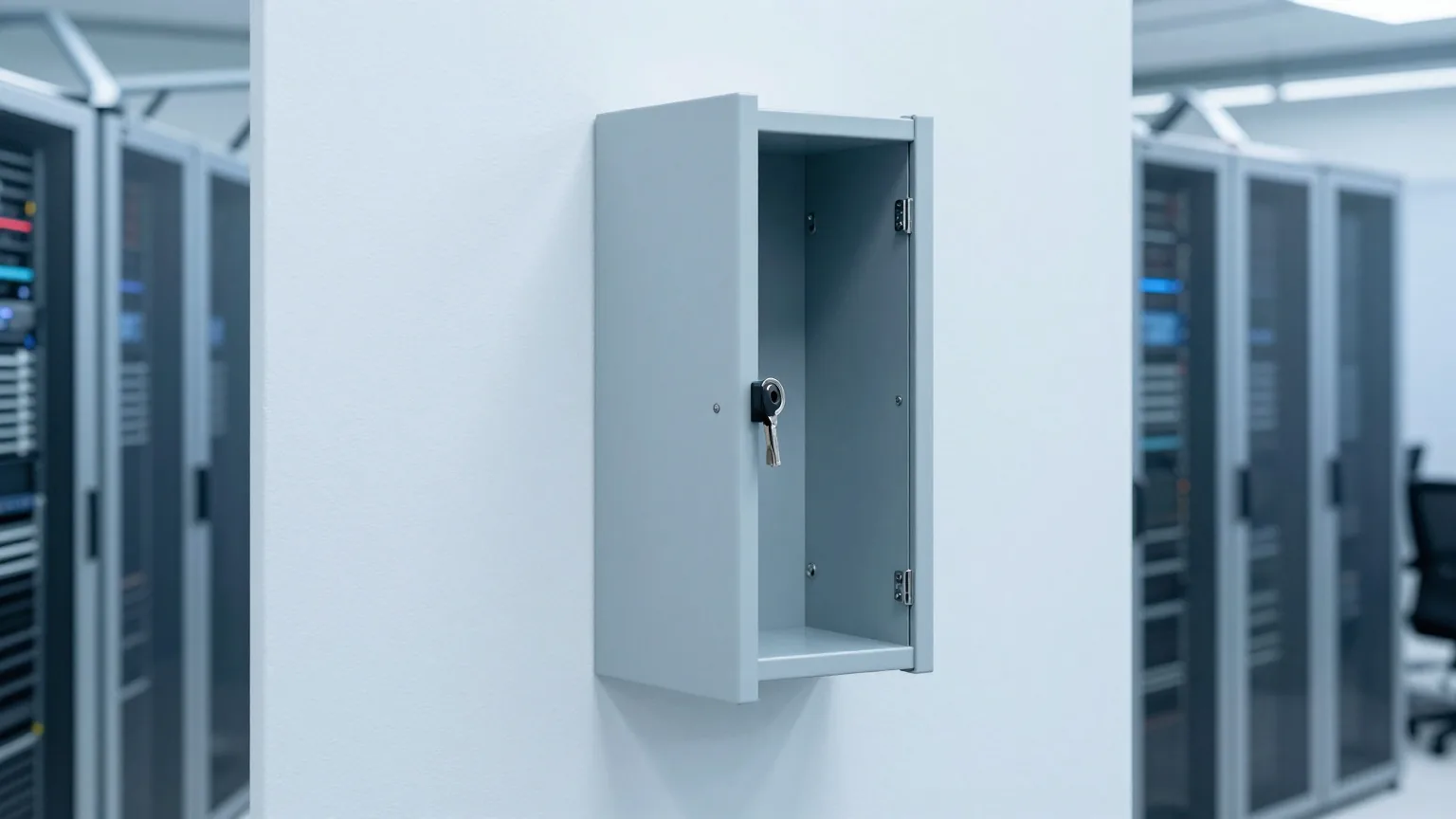 Ein kleiner Schlüsselkasten an der weiß gestrichenen Wand eines Serverraums, die Tür steht einen Spalt offen