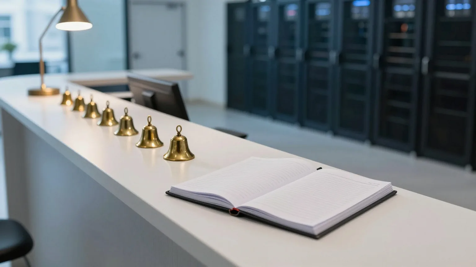 Ein nächtlicher Hotelempfang mit einer Reihe kleiner Messingglocken und einem geschlossenen Gästebuch im Lampenlicht