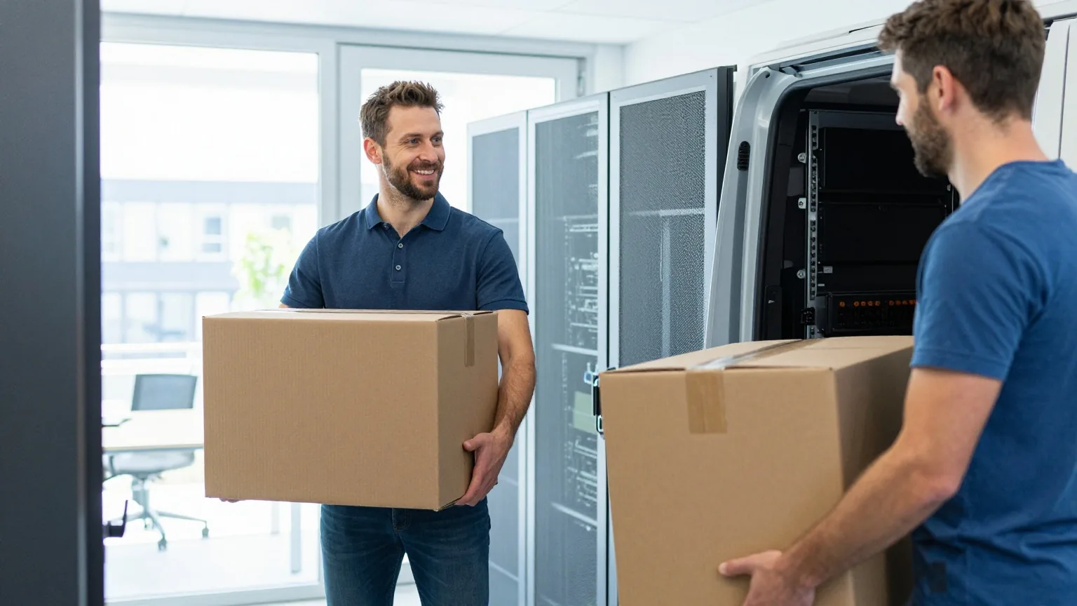 Zwei Menschen in den Dreißigern tragen Umzugskartons aus einem Transporter in ein helles neues Büro