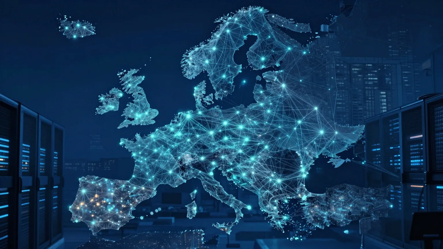 Stilisierte Landkarte bei Nacht, viele Lichtpunkte sind durch feine Linien zu einem Netz verbunden