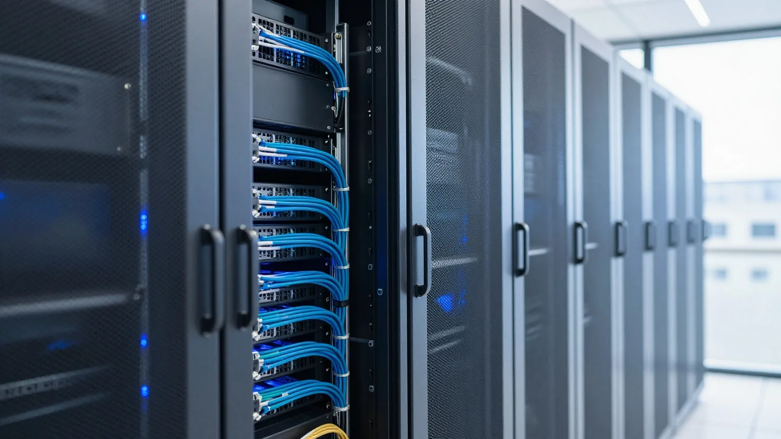 Reihe beleuchteter Serverschränke in einem Rechenzentrum, ein Schrank ist geöffnet und zeigt gebündelte Kabel
