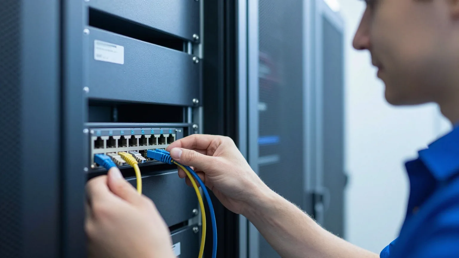Hand steckt in einem Rechenzentrum ein Netzwerkkabel in einen Serverschrank