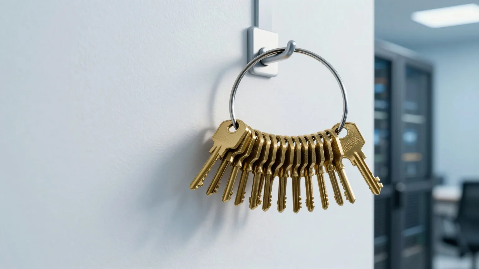 Ein großer Schlüsselbund mit vielen ähnlichen Messingschlüsseln an einem Haken vor einer weißen Wand