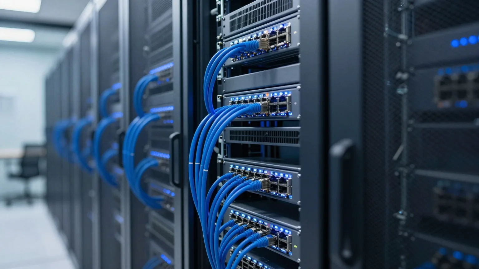 Serverraum im Dämmerlicht mit Racks, deren blau leuchtende Netzwerkkabel an einem Verteiler zusammenlaufen