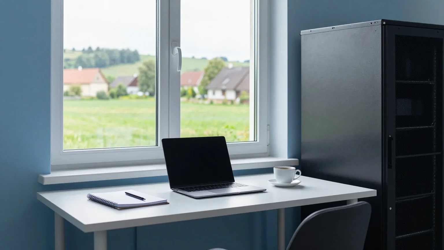 Aufgeräumter Schreibtisch an einem Fenster in einem Dorfhaus mit zugeklapptem Laptop, Notizbuch und Tasse, draußen grüne Felder