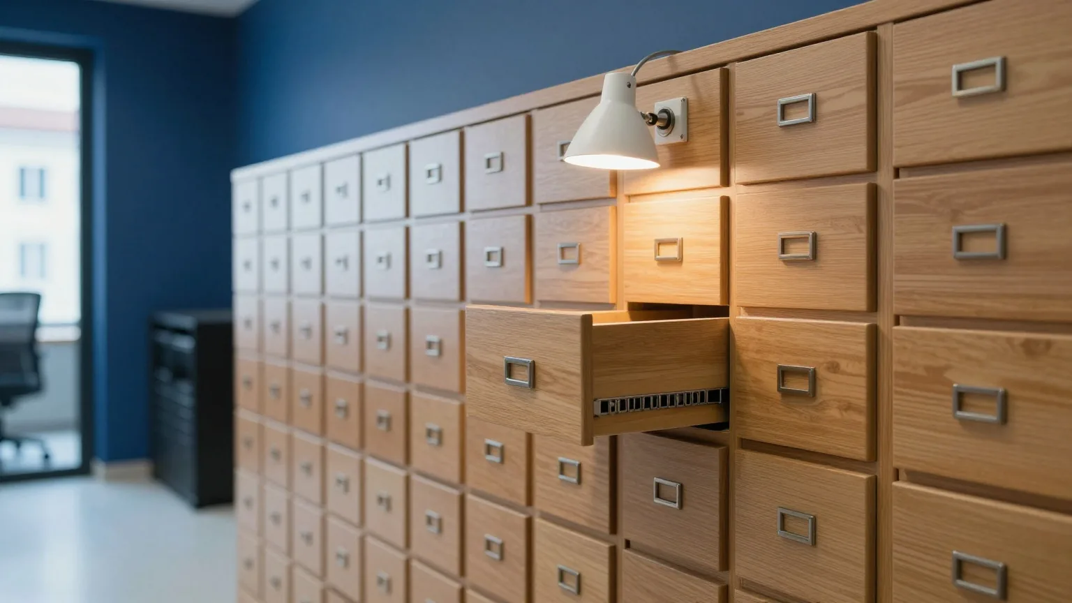 Karteischrank aus Holz mit vielen kleinen Schubladen in einem Archivraum, eine Schublade ist herausgezogen